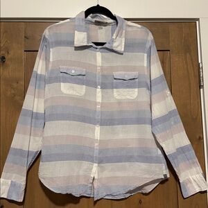 Horney Toad button down striped blouse Womens L Organic cotton casual sheer